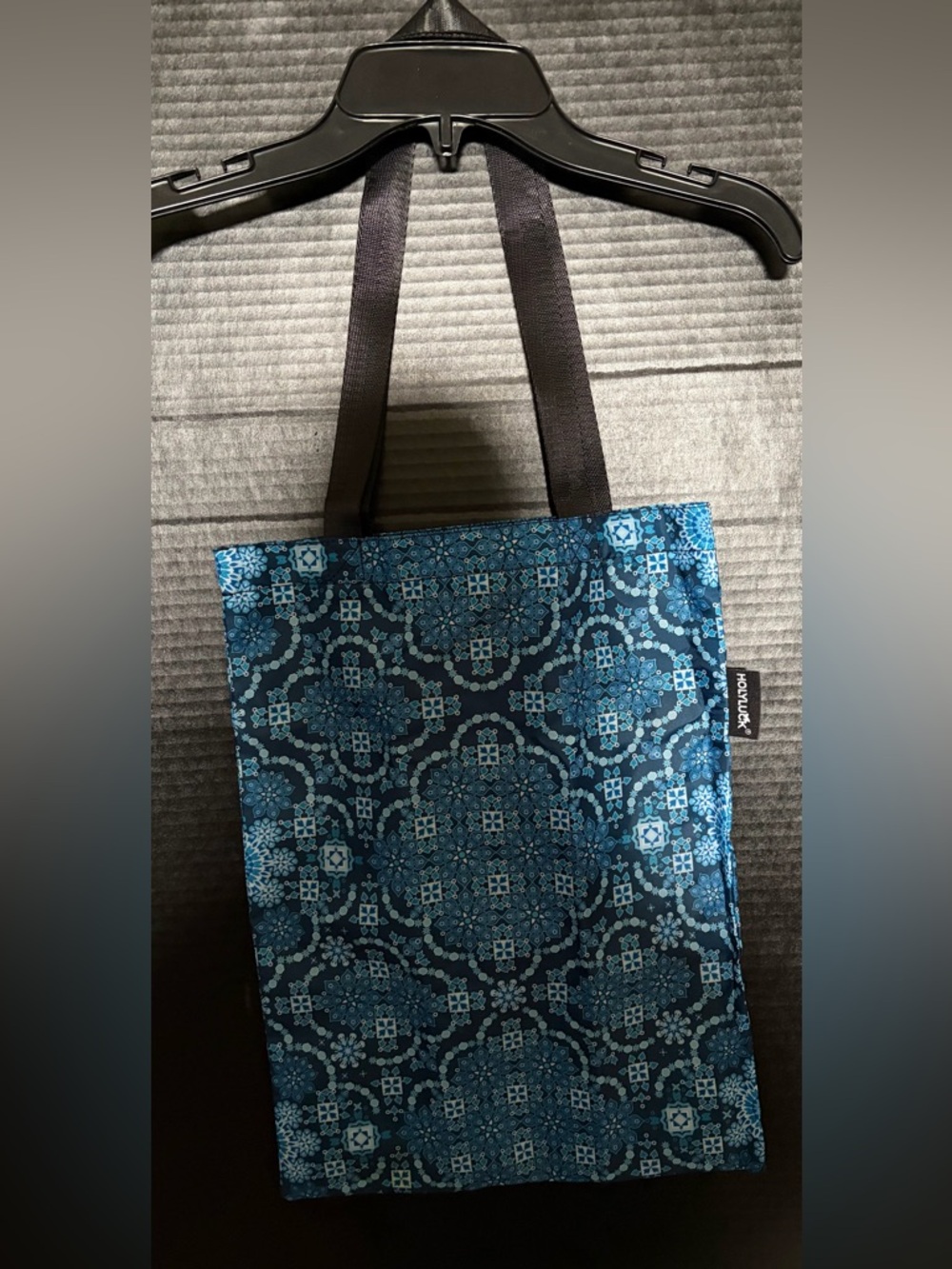 Holyluck Blue Patterned Tote Bag with Black Straps NWOT